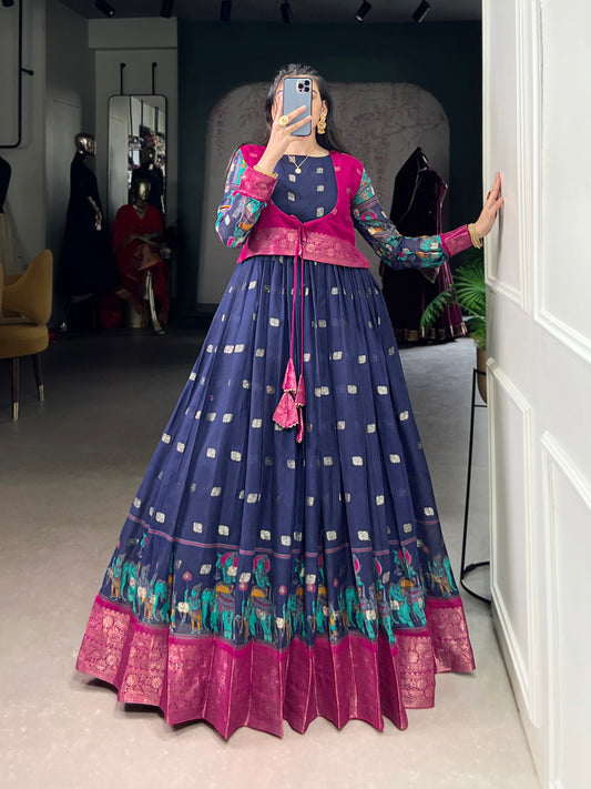 Lorenvalley Fashion Navy Blue Poly Cotton Kalamkari Print With Zari Weaving Work Border Gown with Koti | Swadesiicart