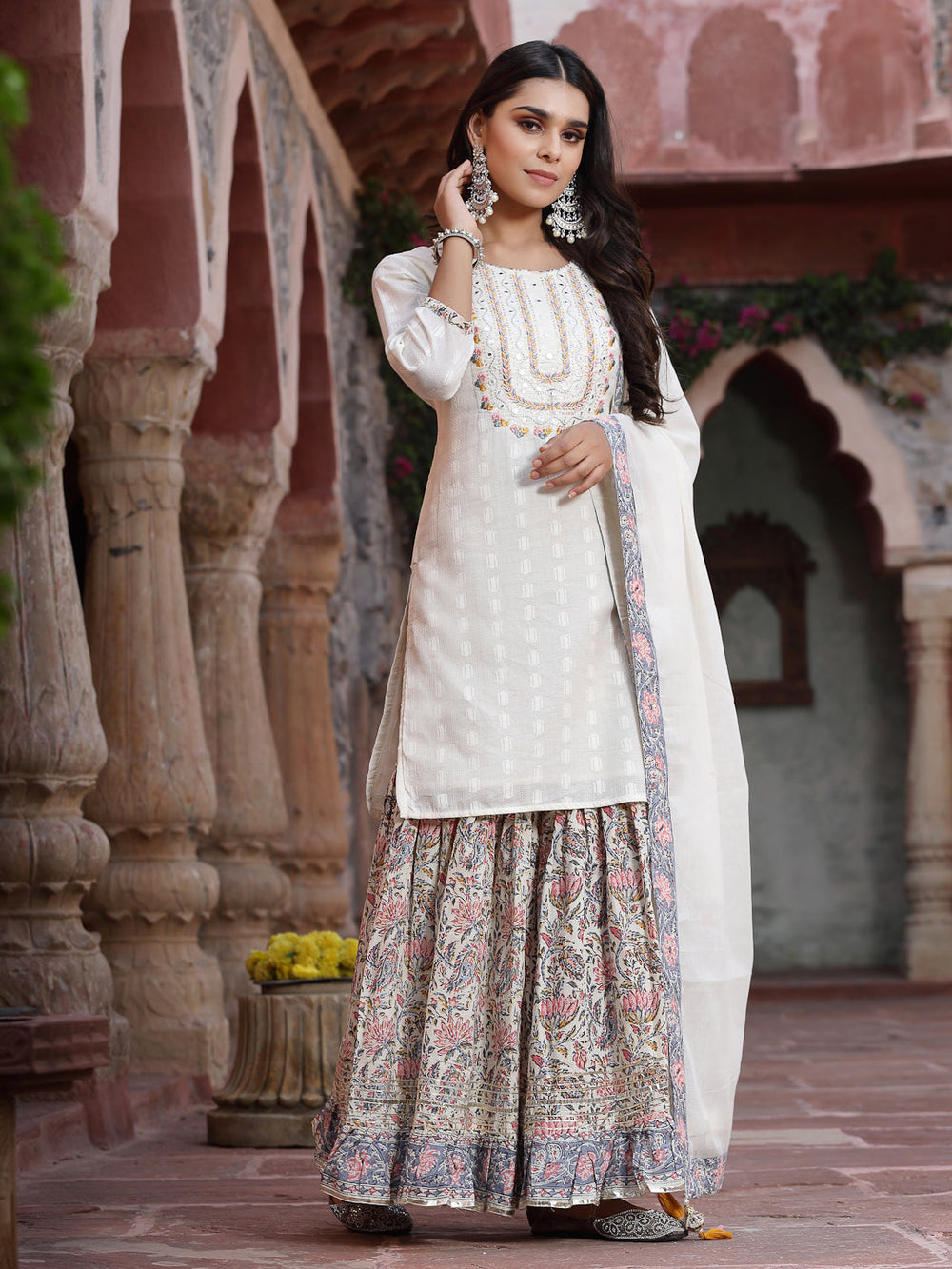 Juniper Women`s White Cotton Embroidered Straight Kurta Sharara Dupatta Set | Swadesiicart