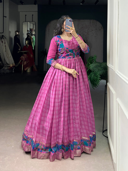 Lorenvalley Fashion Pink Viscose Chanderi Printed With Zari Weaving Work Gown with Koti - Swadesiicart