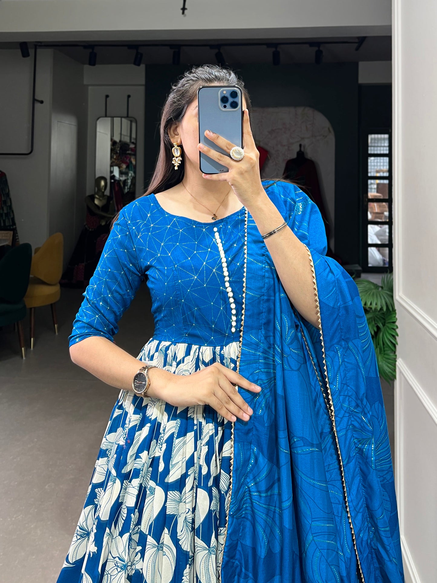 Lorenvalley Blue Tussar Silk Floral Print With Foil Print Gown with Dupatta | Swadesiicart