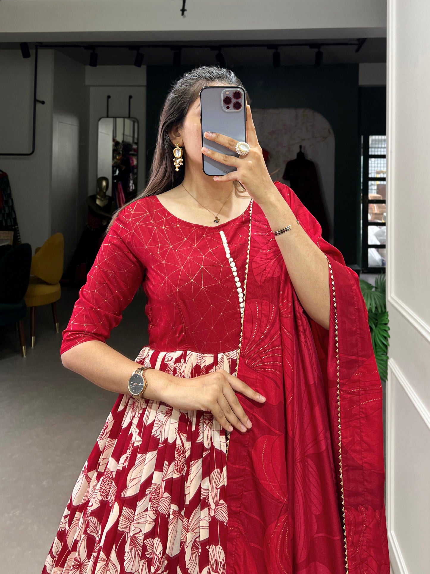 Lorenvalley Red Tussar Silk Floral Print With Foil Print Gown with Dupatta | Swadesiicart