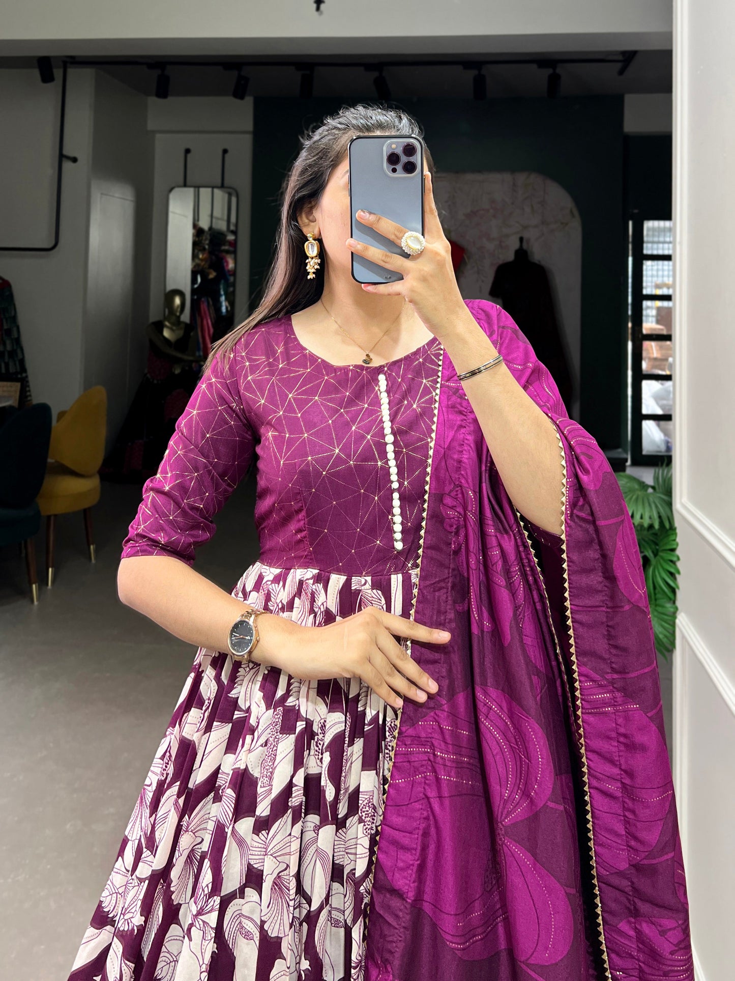 Lorenvalley Wine Tussar Silk Floral Print With Foil Print Gown with Dupatta | Swadesiicart