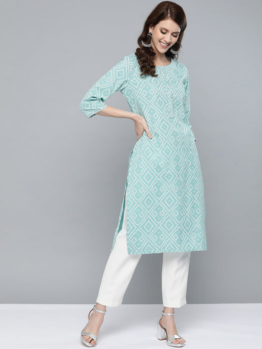 HERE&NOW Women Green & White Bandhani Print Straight Kurta - Swadesiicart