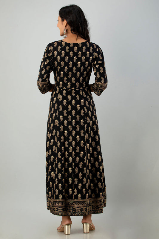 Juniper Women's Black Rayon Printed Flared Dress | Swadesiicart