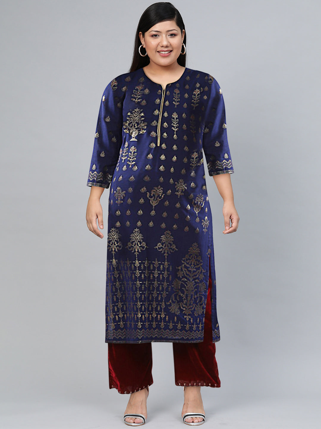 Biba Women Blue Ethnic Motifs Printed Rayon Kurta - Swadesiicart