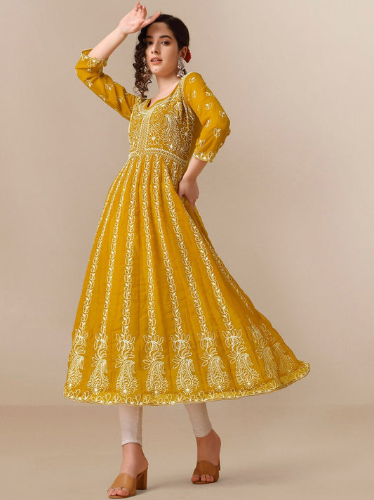 HERE&NOW Ethnic Motifs Embroidered Chikankari Georgette Anarkali Kurta | Swadesiicart