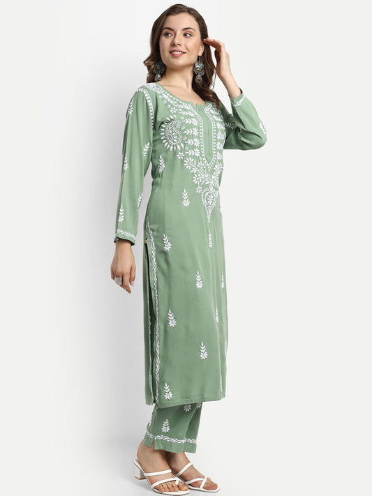 ADA Ethnic Motifs Embroidered Chikankari Kurta with Trousers | Swadesiicart