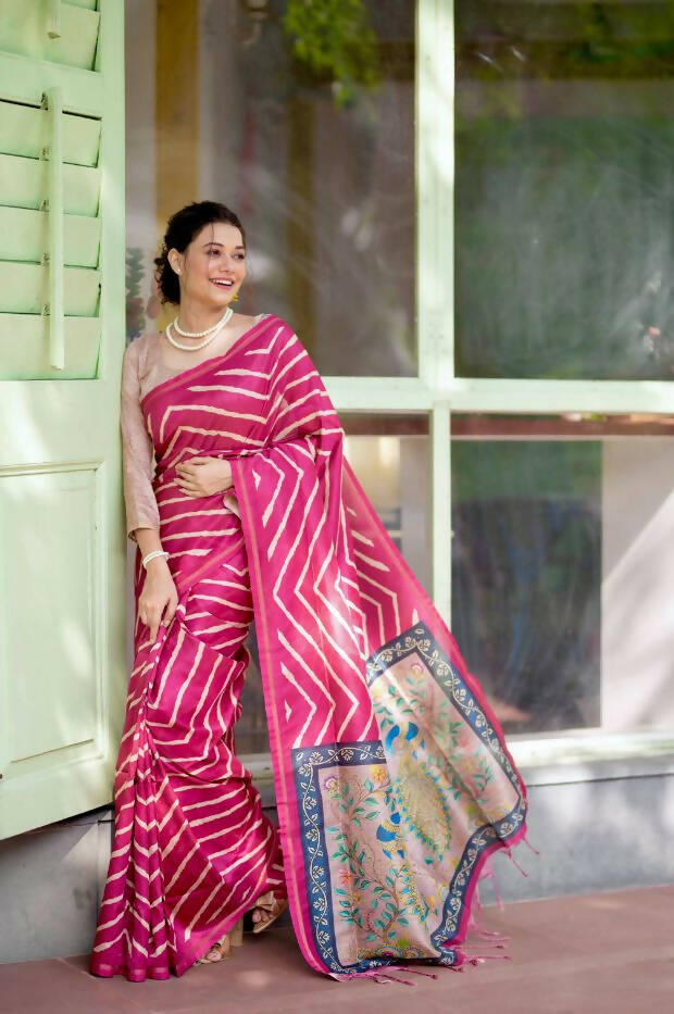 Vishnu Weaves Women's Pink Soft Tussar Silk Digital Printed Saree with Unstitched Blouse - Swadesiicart