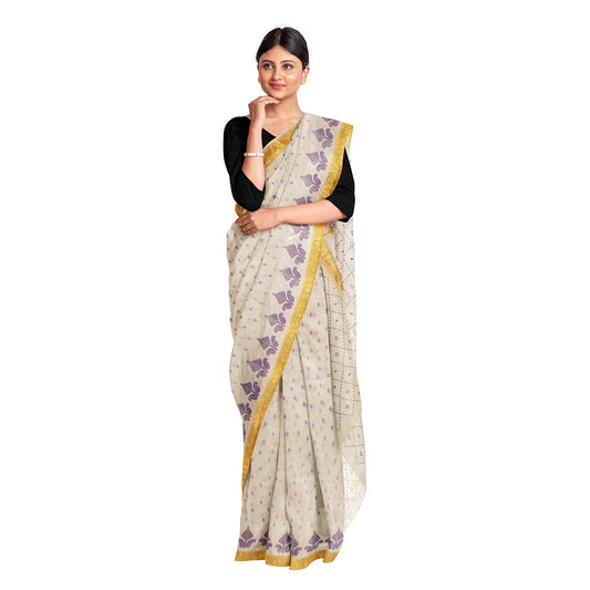 Exclusive Collection 100% Pure Cotton Off White Violet Saree With Printed Work - Swadesiicart