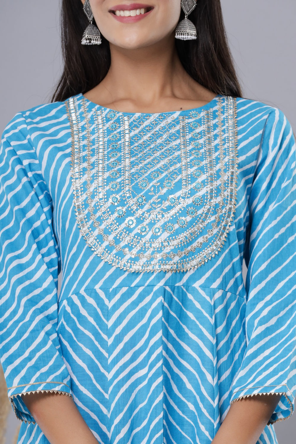 Juniper Women's Skyblue Printed Embroidered Mirror Work Sequin Cotton Flared Dress | Swadesiicart