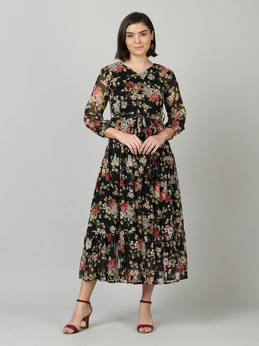 Souchii Black & Pink Floral Chiffon Midi Dress - SOUCHII