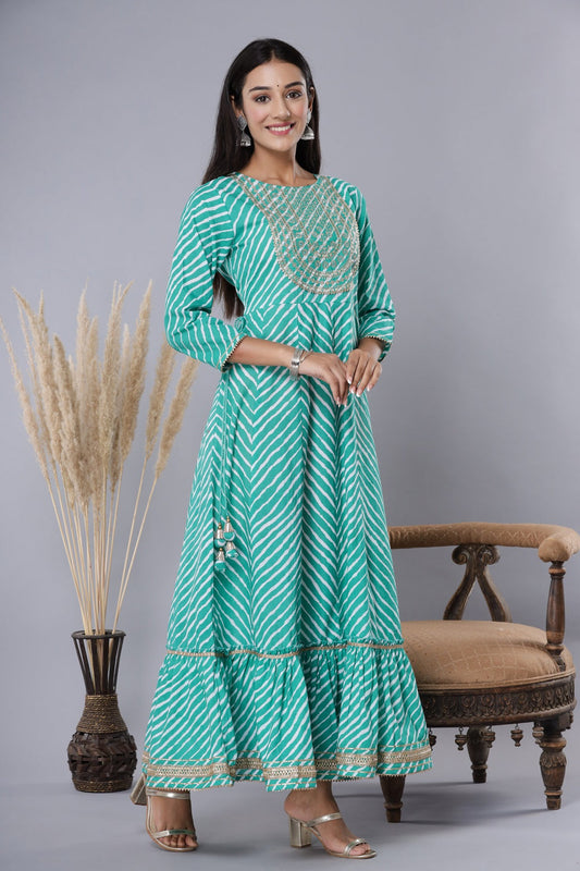 Juniper Women's Green Printed Embroidered Mirror Work Sequin Cotton Flared Dress | Swadesiicart