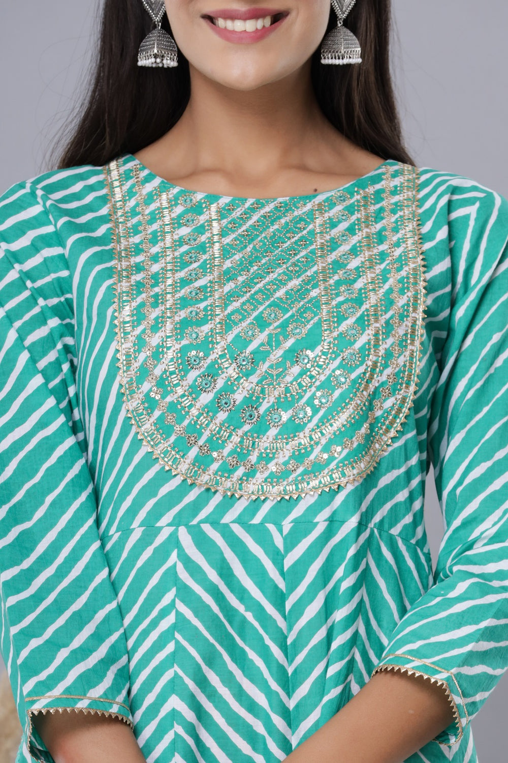 Juniper Women's Green Printed Embroidered Mirror Work Sequin Cotton Flared Dress | Swadesiicart