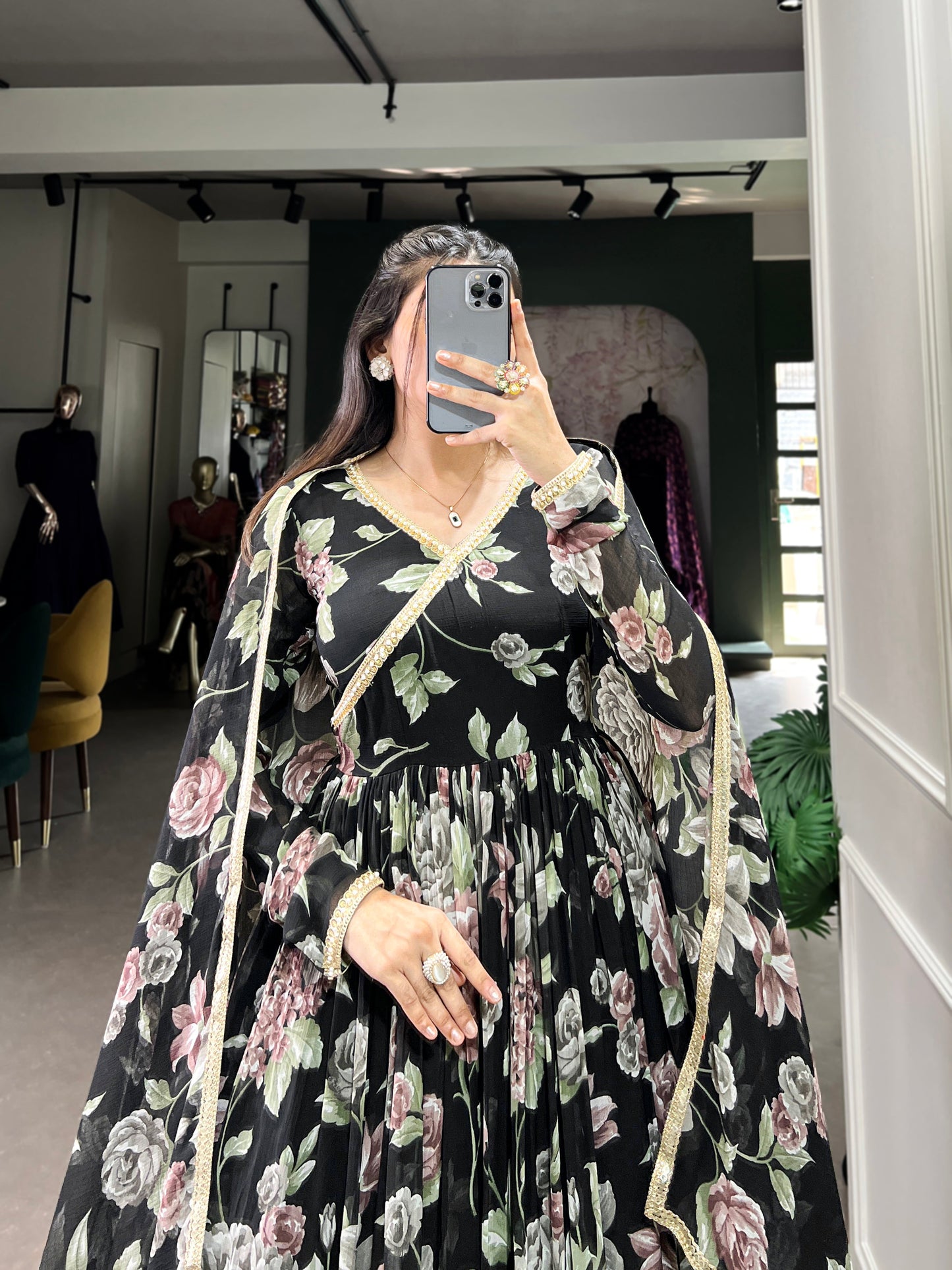 Lorenvalley Black Marbel Fabric Floral Print With Lace Touch Up Gown with Dupatta | Swadesiicart
