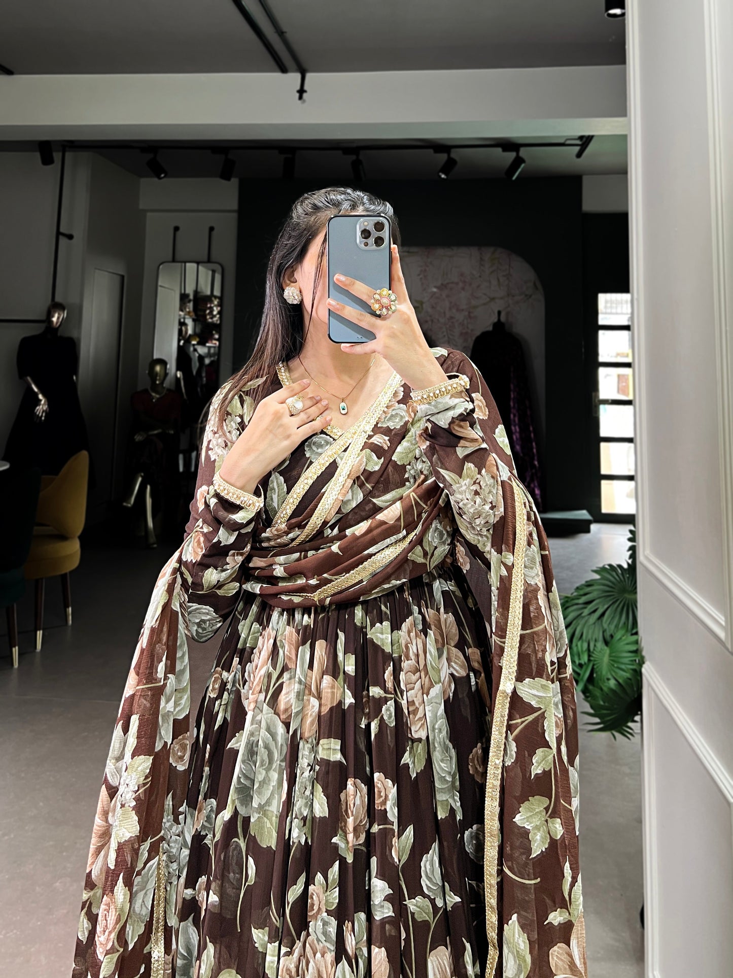 Lorenvalley Brown Marbel Fabric Floral Print With Lace Touch Up Gown with Dupatta | Swadesiicart