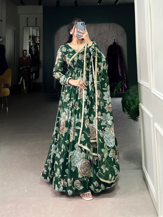 Lorenvalley Green Marbel Fabric Floral Print With Lace Touch Up Gown with Dupatta | Swadesiicart