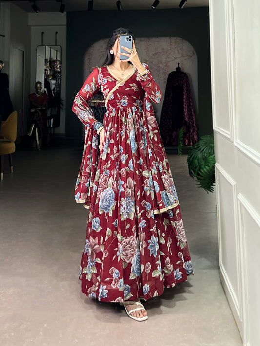 Lorenvalley Maroon Marbel Fabric Floral Print With Lace Touch Up Gown with Dupatta | Swadesiicart