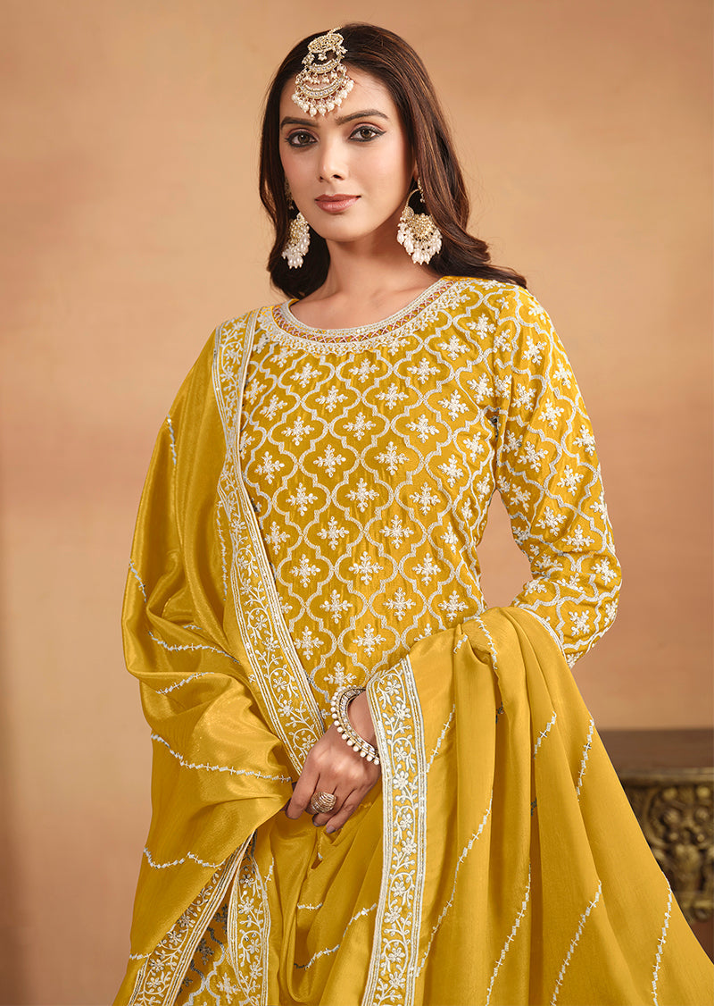 Monjolika Fashion Embroidered Chinon Silk Ethnic Lehenga In Mustard - Swadesiicart