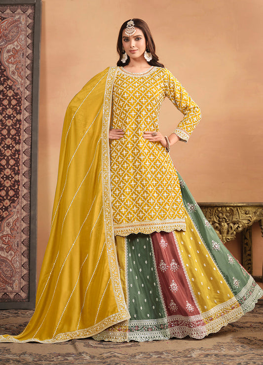Monjolika Fashion Embroidered Chinon Silk Ethnic Lehenga In Mustard - Swadesiicart