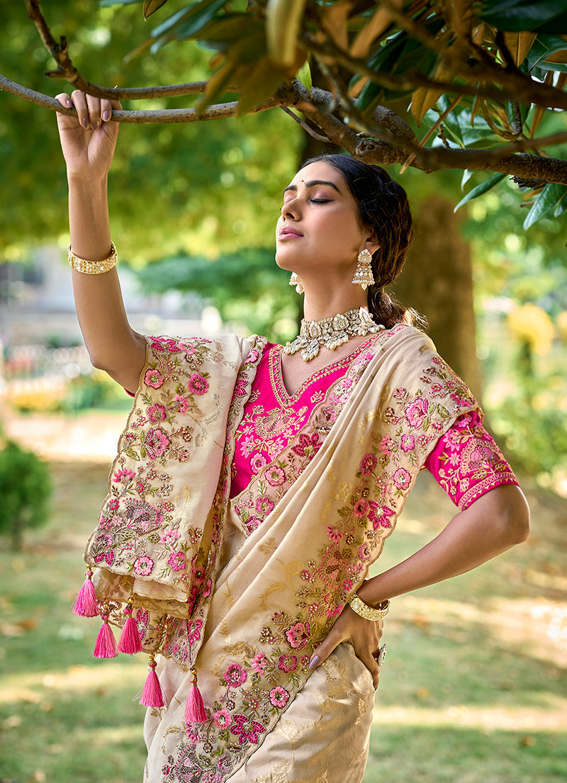 Monjolika Fashion Cream Colour Banarasi Silk Embroidered Woven Saree With Blouse | Swadesiicart