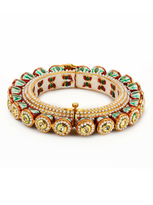 Gold-Polished Green Kundan-Studded Bangle - Ruby Raang