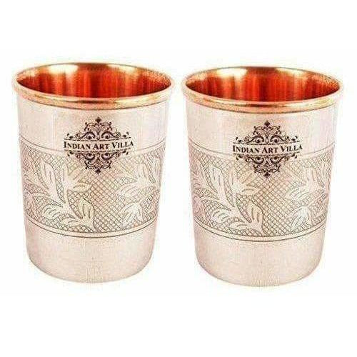 Embossed Design Steel Copper Glass Tumbler (250ml) - Set of 2 - Swadesiicart