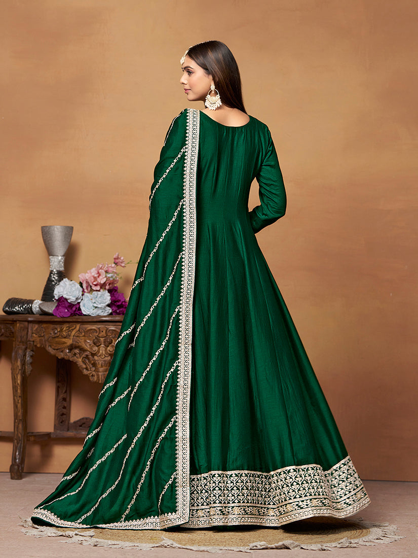 Monjolika Fashion Green Colour Art Silk Designer Anarkali Dress - Swadesiicart