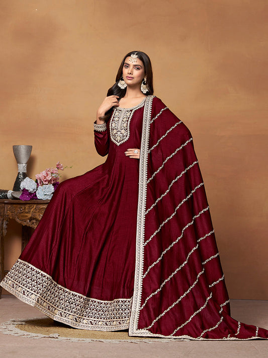 Monjolika Fashion Wine Colour Art Silk Designer Anarkali Dress - Swadesiicart
