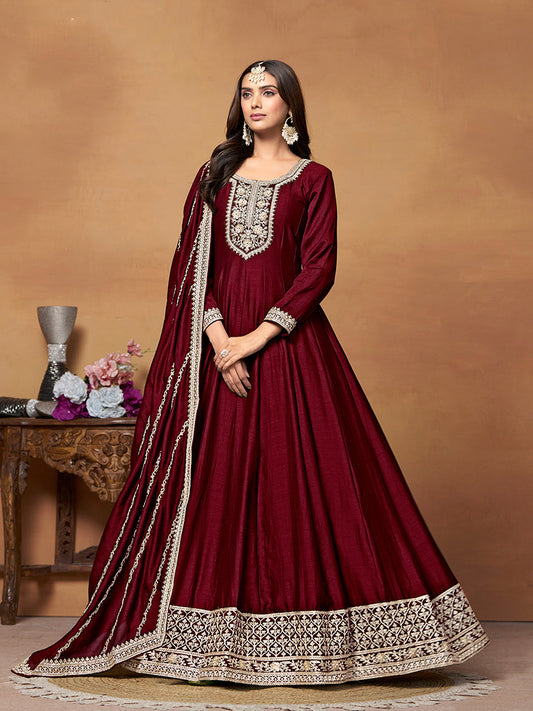 Monjolika Fashion Wine Colour Art Silk Designer Anarkali Dress - Swadesiicart