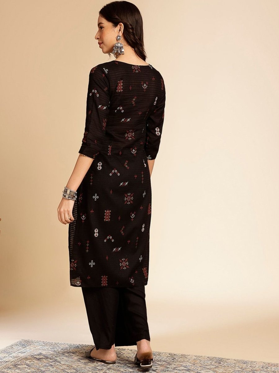 Anouk Black Ethnic Motifs Printed Round Neck Gotta Patti Cotton Straight Kurta - Swadesiicart