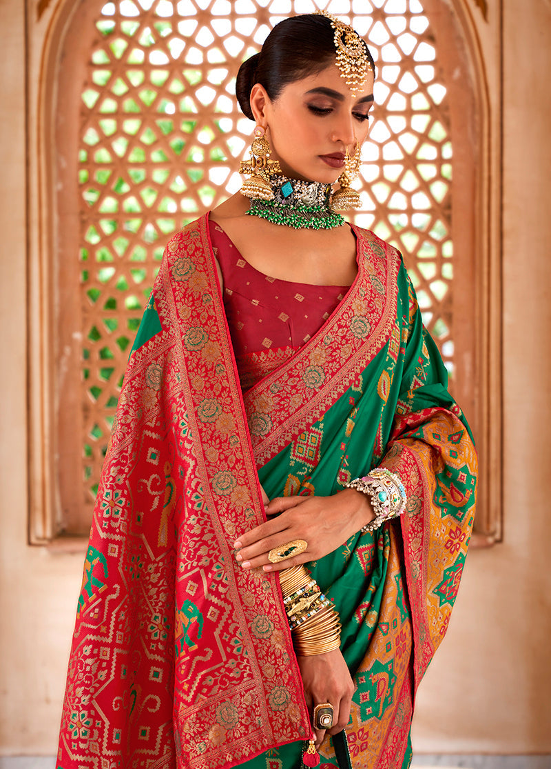 Monjolika Fashion Banarasi Silk Zari Green Contemporary Saree | Swadesiicart