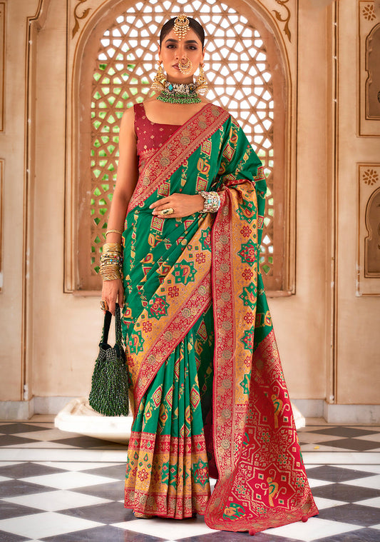 Monjolika Fashion Banarasi Silk Zari Green Contemporary Saree | Swadesiicart