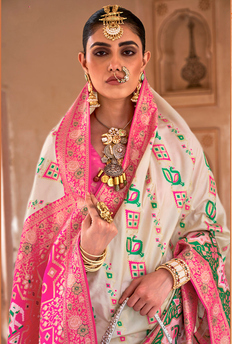 Monjolika Fashion Weaving White Banarasi Silk Contemporary Saree | Swadesiicart