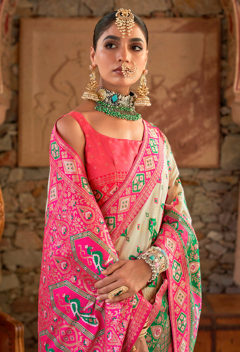 Monjolika Fashion Banarasi Silk White Weaving Traditional Saree | Swadesiicart
