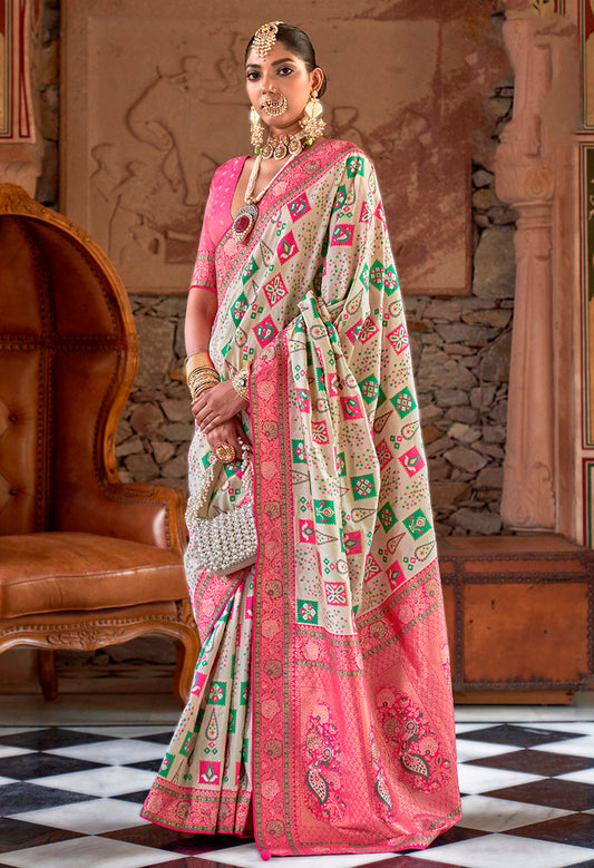 Monjolika Fashion White Banarasi Silk Weaving Traditional Saree | Swadesiicart