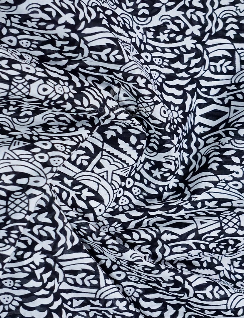 White And Black Combo Block Print Pure Mulmul Cotton Saree By Gayathri Reddy Designer Studio | Swadesiicart