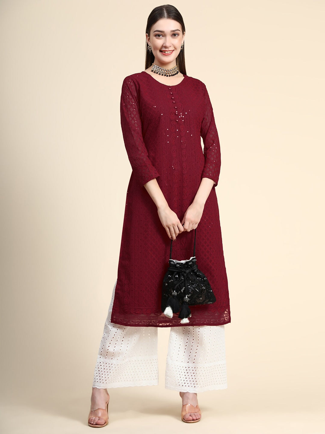 Kalini Paisley Embroidered Chikankari Georgette Straight Regular Kurta | Swadesiicart