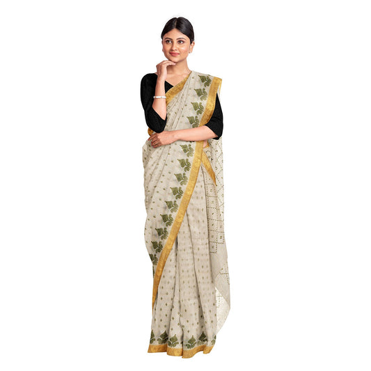 Exclusive Collection 100% Pure Cotton Off White Pesta Saree With Printed Work - Swadesiicart