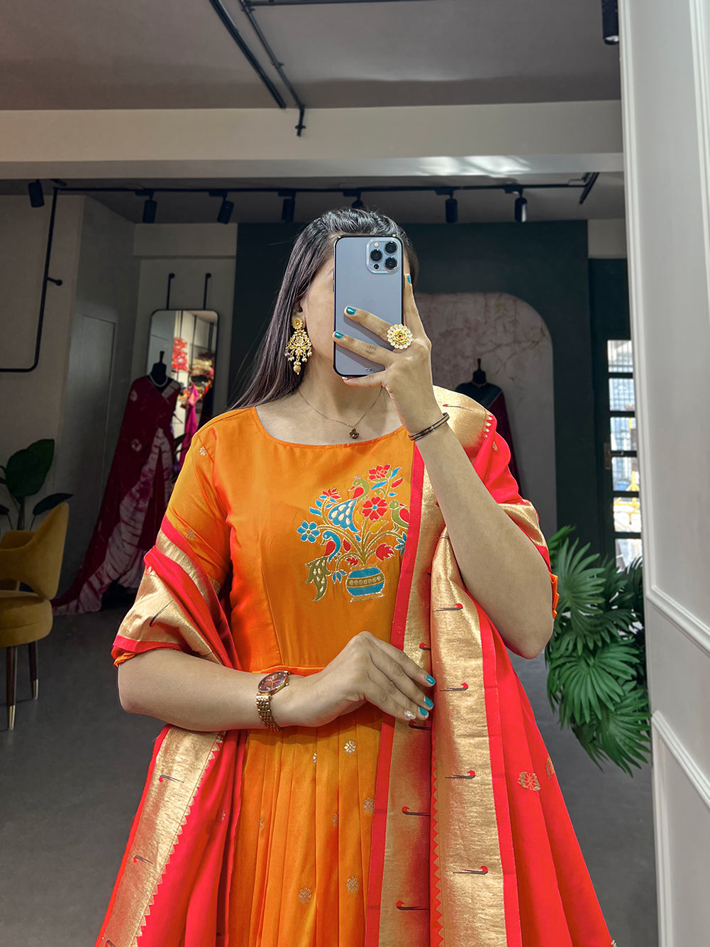 Lorenvalley Orange Jacquard Silk Paithani Woven Design Gown with Dupatta | Swadesiicart