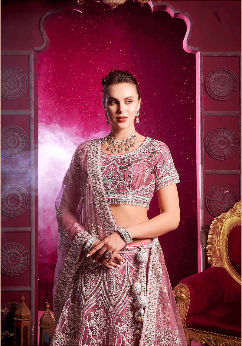 Monjolika Fashion Embroidered And Sequin Work Net Pink Wedding Lehenga Choli - Swadesiicart