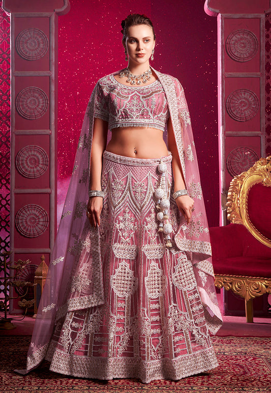 Monjolika Fashion Embroidered And Sequin Work Net Pink Wedding Lehenga Choli - Swadesiicart