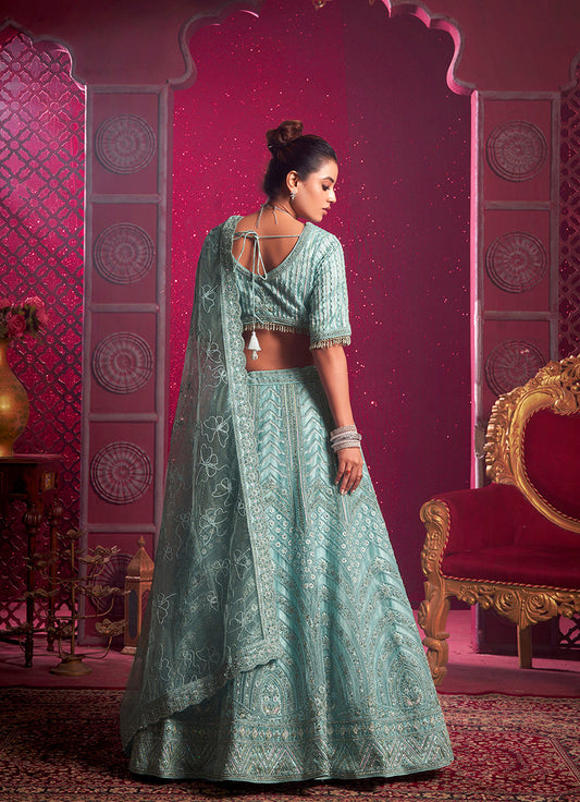 Monjolika Fashion Aqua Blue Embroidered And Sequin Work Wedding Lehenga Choli - Swadesiicart