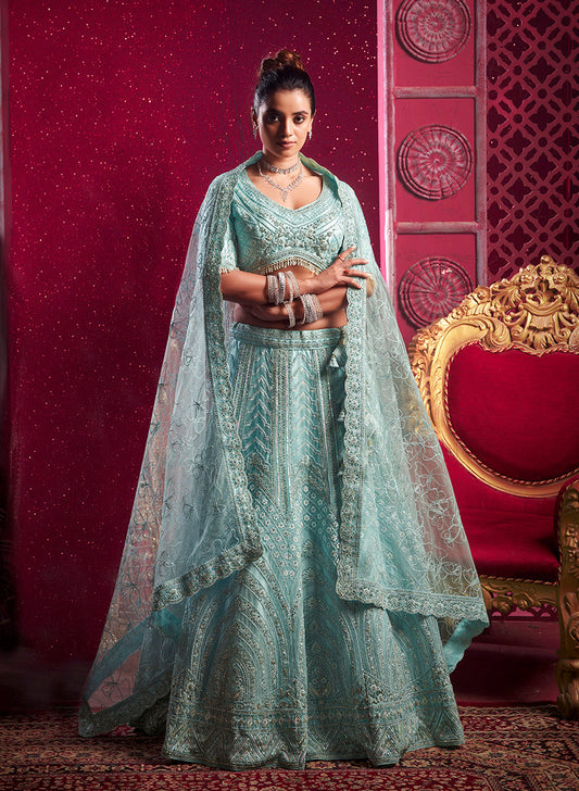 Monjolika Fashion Aqua Blue Embroidered And Sequin Work Wedding Lehenga Choli - Swadesiicart