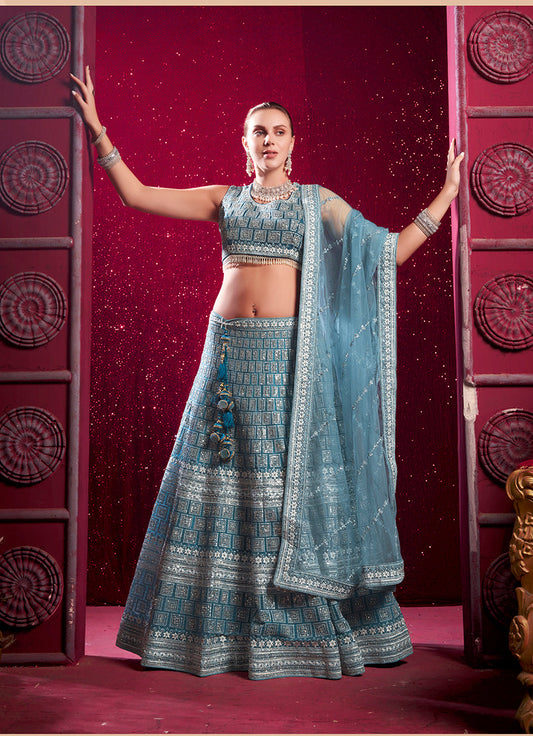 Monjolika Fashion Blue Embroidered And Sequin Work Wedding Lehenga Choli - Swadesiicart