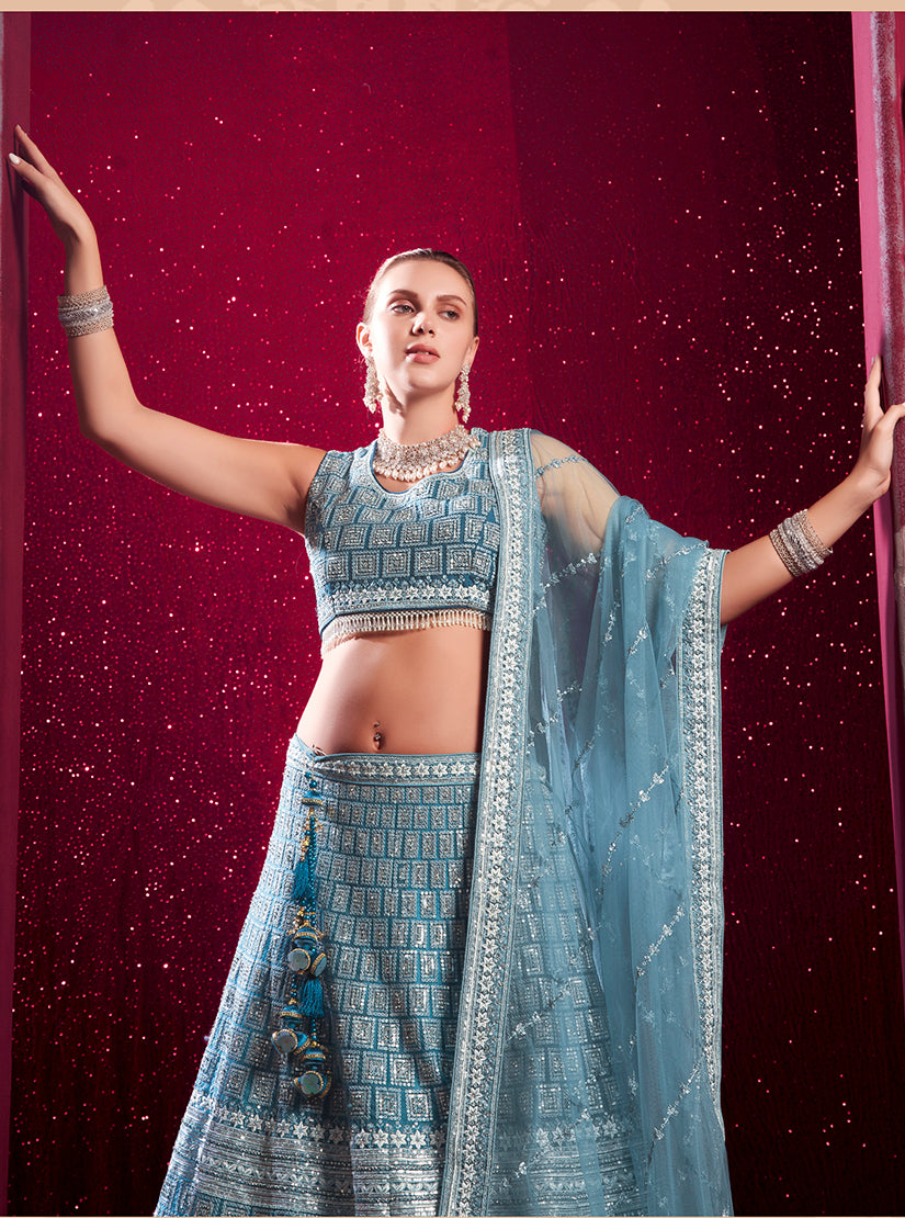 Monjolika Fashion Blue Embroidered And Sequin Work Wedding Lehenga Choli - Swadesiicart