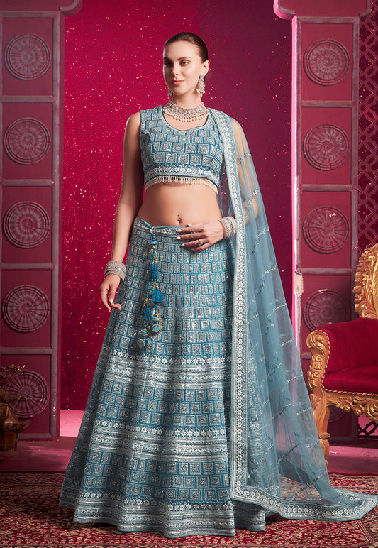 Monjolika Fashion Blue Embroidered And Sequin Work Wedding Lehenga Choli - Swadesiicart