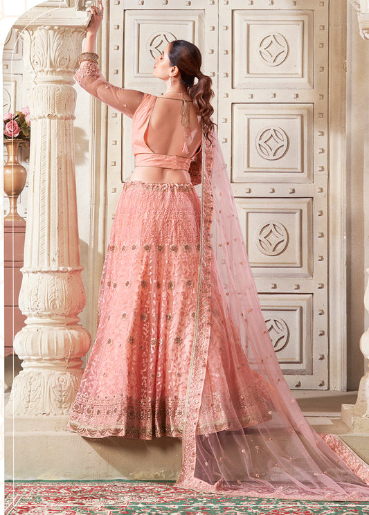 Monjolika Fashion Peach Net Thread Embroidery And Dimond Work Lehenga Choli - Swadesiicart