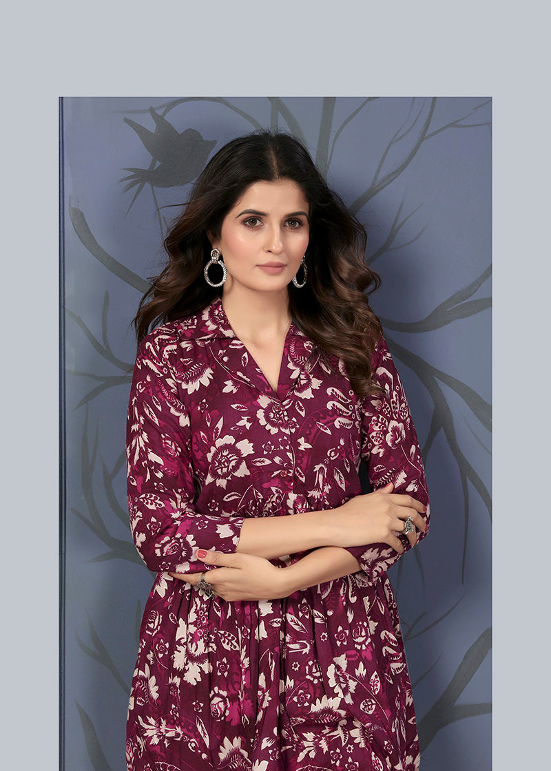 Monjolika Fashion Wine Rayon Printed Casual Wear Co Ord Set - Swadesiicart