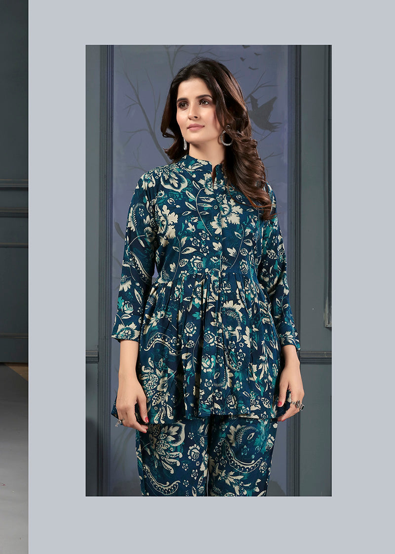 Monjolika Fashion Teal Blue Rayon Printed Casual Wear Co Ord Set - Swadesiicart