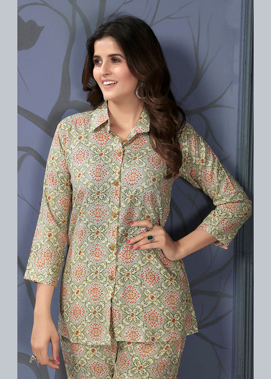 Monjolika Fashion Beige Rayon Printed Casual Wear Co Ord Set - Swadesiicart